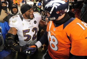An emotional Ray Lewis shaking hands with Peyton Manning after the game.