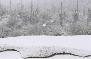 The 18th green is covered in snow as play was suspended during the first round of the WGC-Accenture Match Play Championship golf tournament in Marana